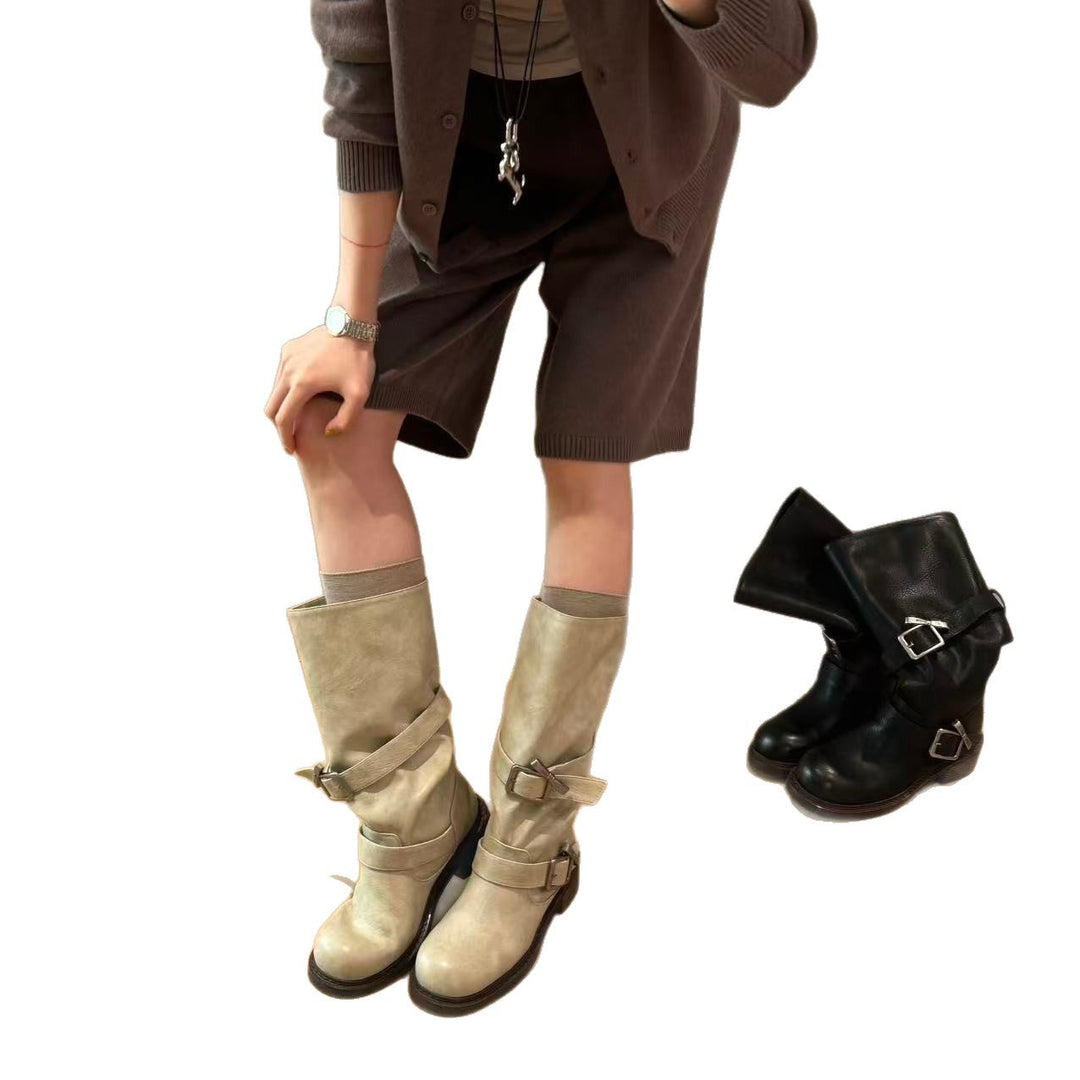 Damen modische Stiefel mit verstellbaren Riemen und komfortablem Blockabsatz Drune