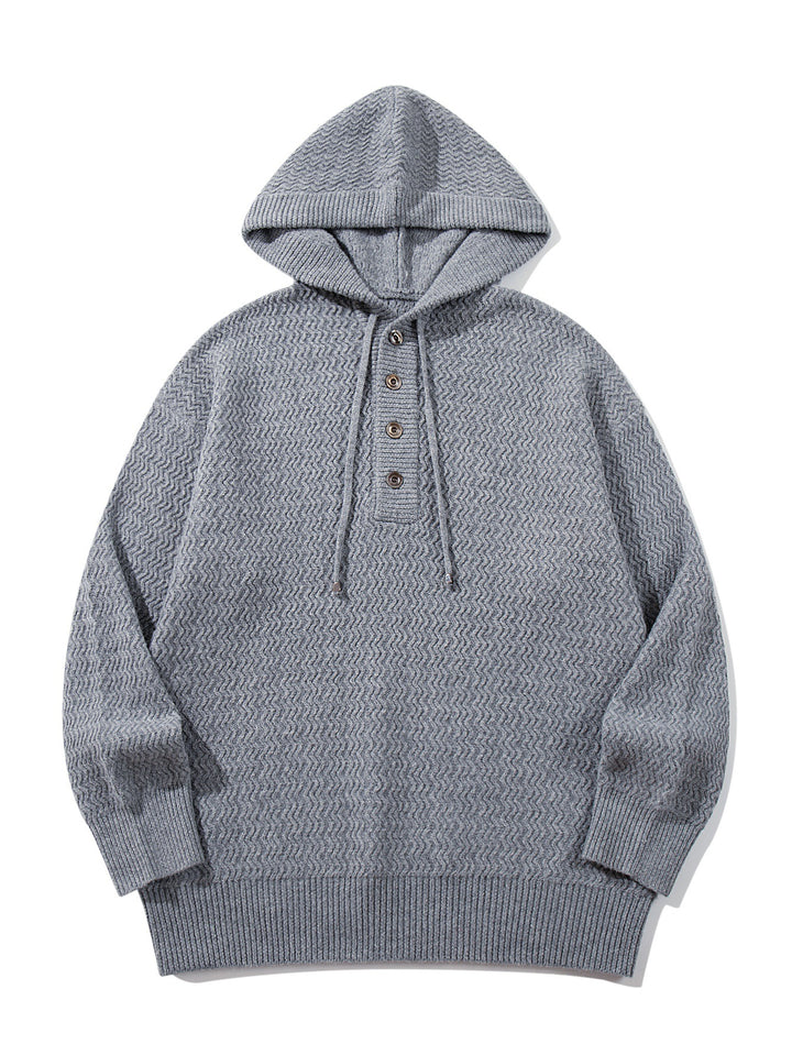 Unisex Strukturierter Kapuzen‑Strickpullover mit Henley‑Knopfleiste Drune