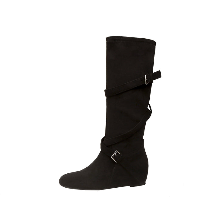 Damen Kniehohe Velourslederstiefel mit Wickelriemen und flachem Keilabsatz Drune