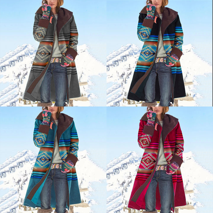 Damen Langer alpiner Mantel mit geometrischem Muster Drune