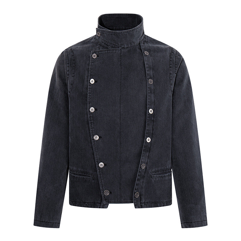Herren asymmetrische Jeansjacke mit Stehkragen und zweireihiger Druckknopfleiste Drune