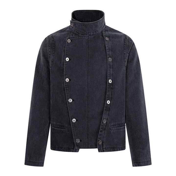 Herren asymmetrische Jeansjacke mit Stehkragen und zweireihiger Druckknopfleiste Drune