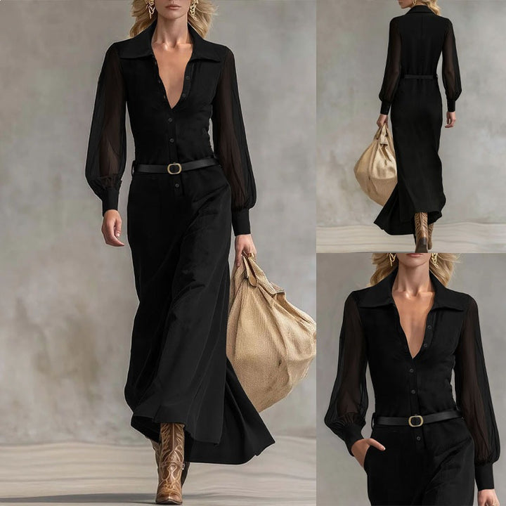 Damen Schlankes Maxi‑Hemdkleid mit transparenten Ballonärmeln und taillierter Silhouette Drune
