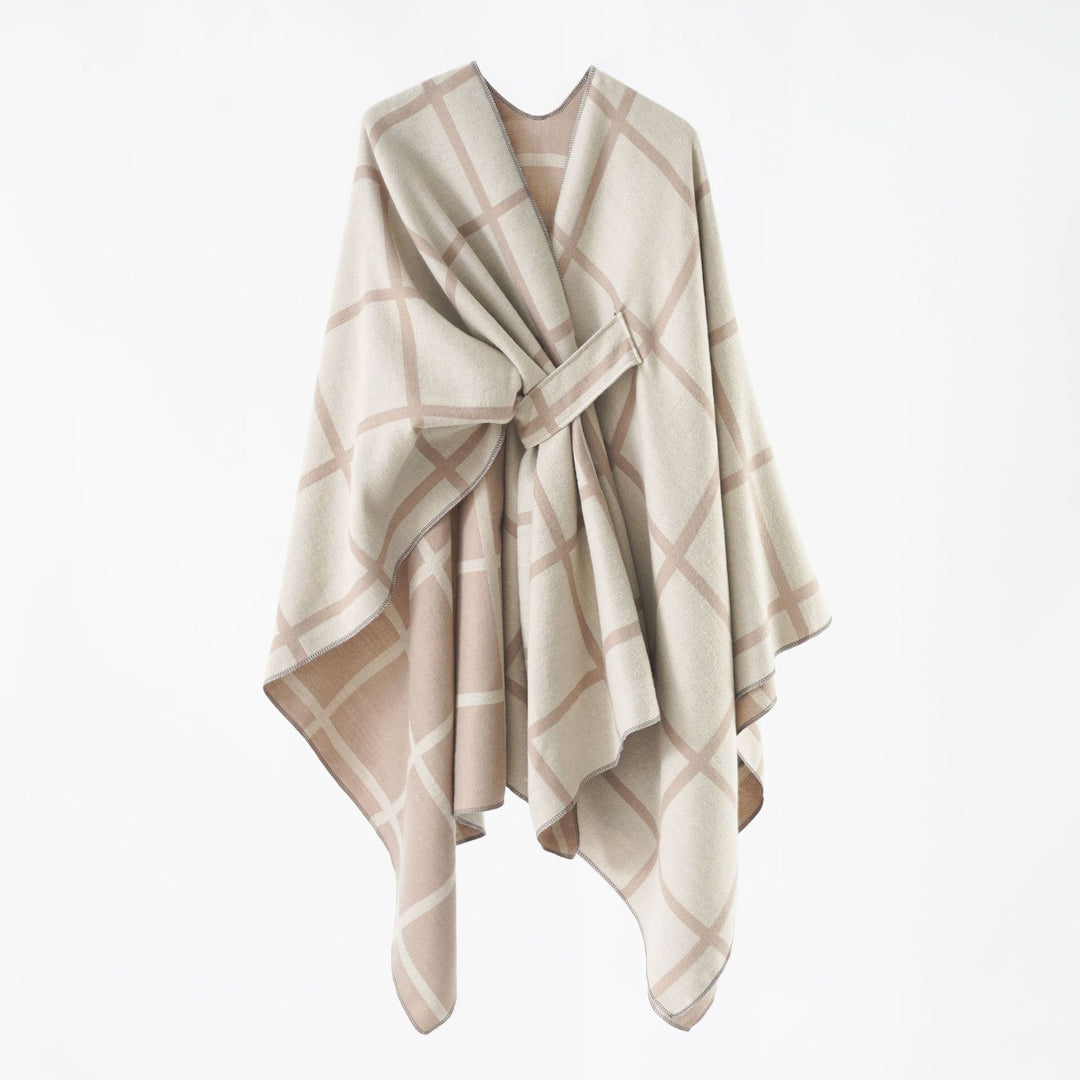 Damen Oversize Wollmix Poncho mit Gürtel und Karomuster Drune