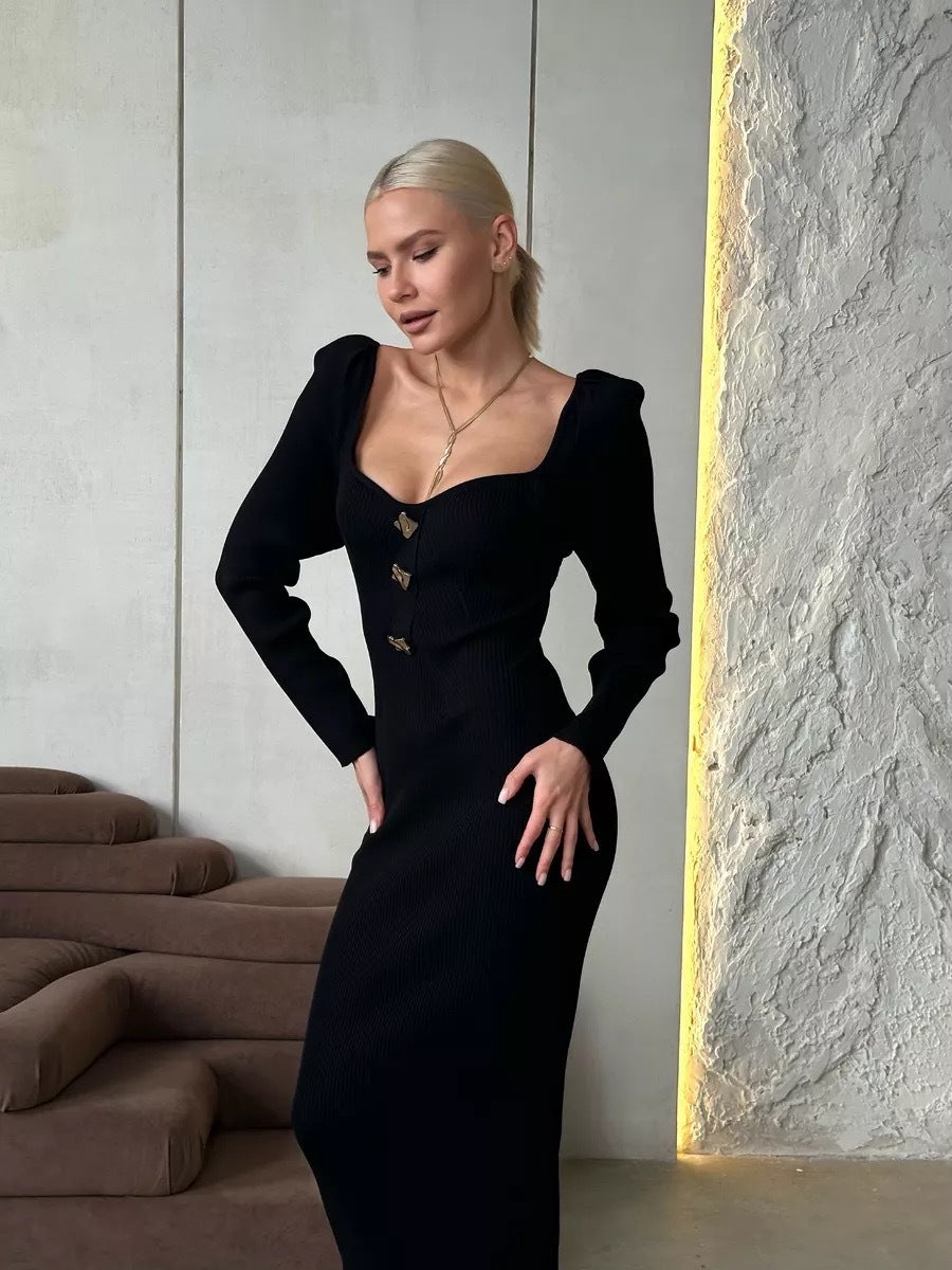 Damen Strickkleid mit tiefem V-Ausschnitt und dekorativen Knöpfen Drune
