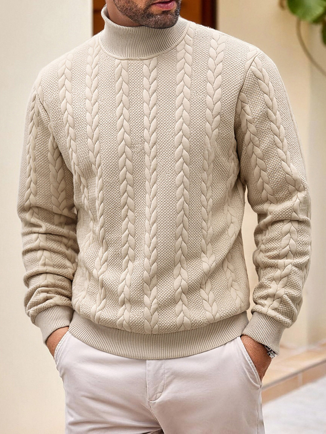 Herren grobgestrickter Zopfstrickpullover mit halbem Stehkragen und elastischen Rippbündchen Drune