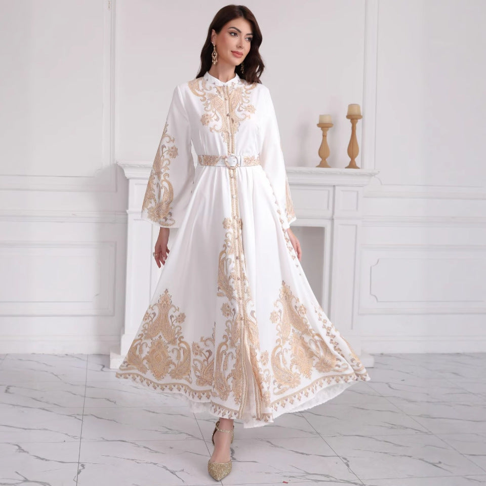 Damen Besticktes Maxikleid mit Stehkragen, Taillengürtel und Orientalischem Paisley-Motiv Drune