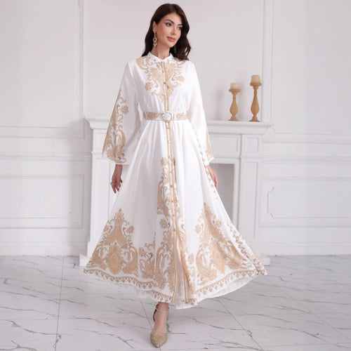 Damen Besticktes Maxikleid mit Stehkragen, Taillengürtel und Orientalischem Paisley-Motiv Drune
