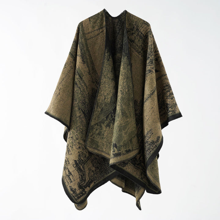 Damen Oversize-Ruana im kastigen Cape mit jacquardgewebter Struktur und weicher Wollmix Drune