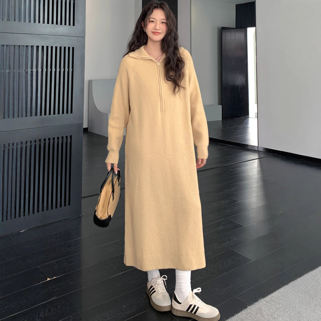 Damen Geripptes Kapuzen-Strickmaxikleid mit halbem Reißverschluss und weitem Fall Drune