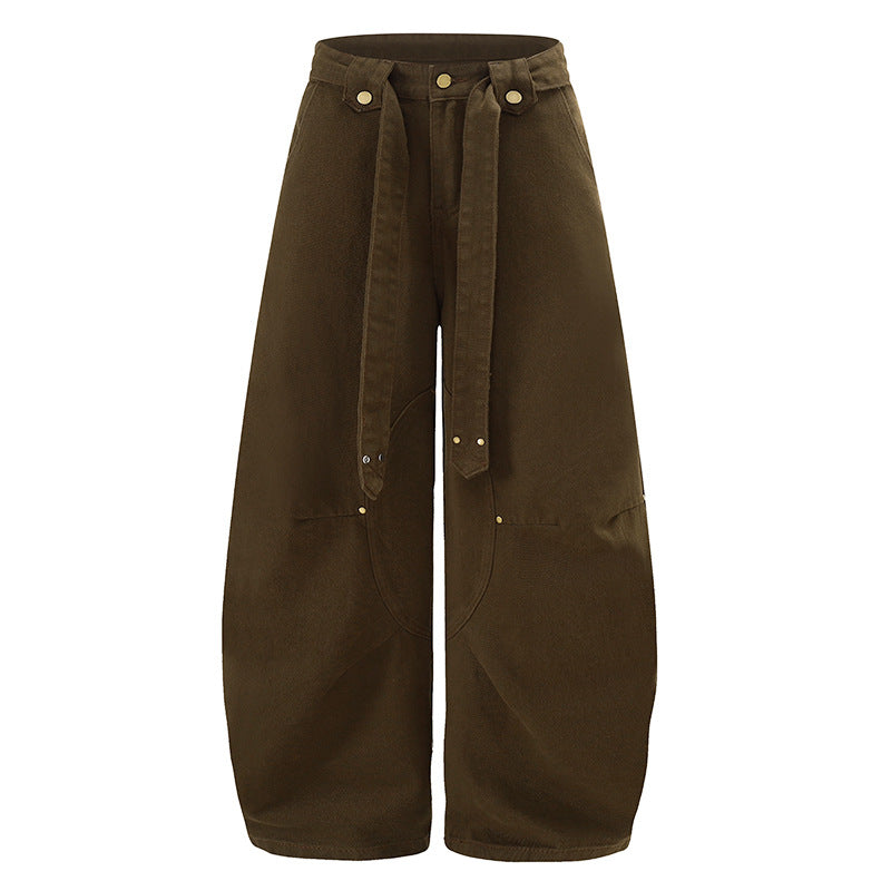 Damen Extraweite High‑Waist Palazzo‑Hose mit dekorativem Knie‑Patch, Bindegürtel und Culotte‑Schnitt Drune