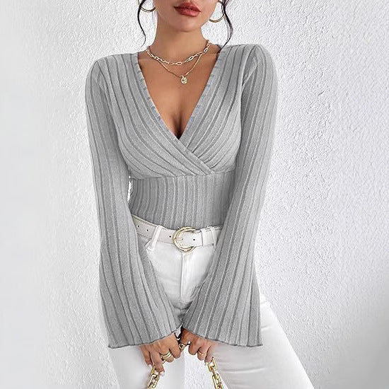 Damen Strickoberteil mit Wickeldesign und weitem Ärmel Drune