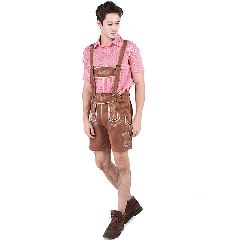 Herren nan alpine Trachtenlederhose im Retro-Stil mit Latz, Zierstickerei und Seitentaschen Drune