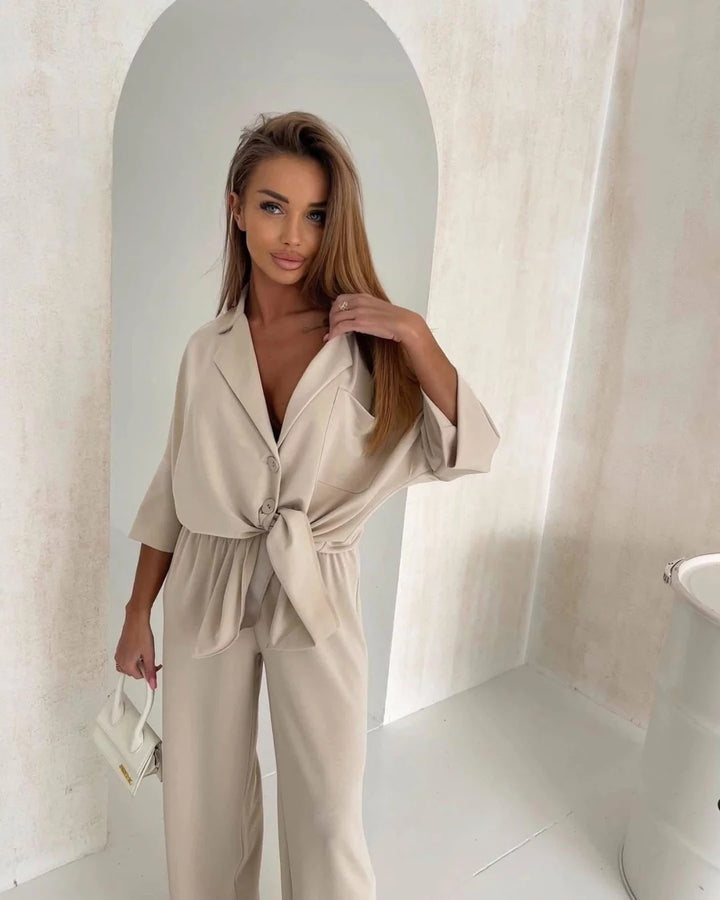 Damen lässiger Jumpsuit mit Bindegürtel und weit geschnittenen Beinen Drune