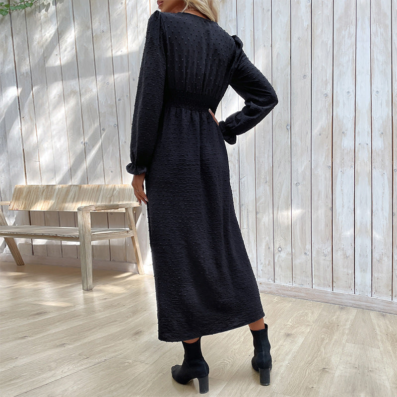 Damen Midikleid mit strukturierter Tupfen-Optik, V-Ausschnitt und tailliertem Empire-Schnitt Drune