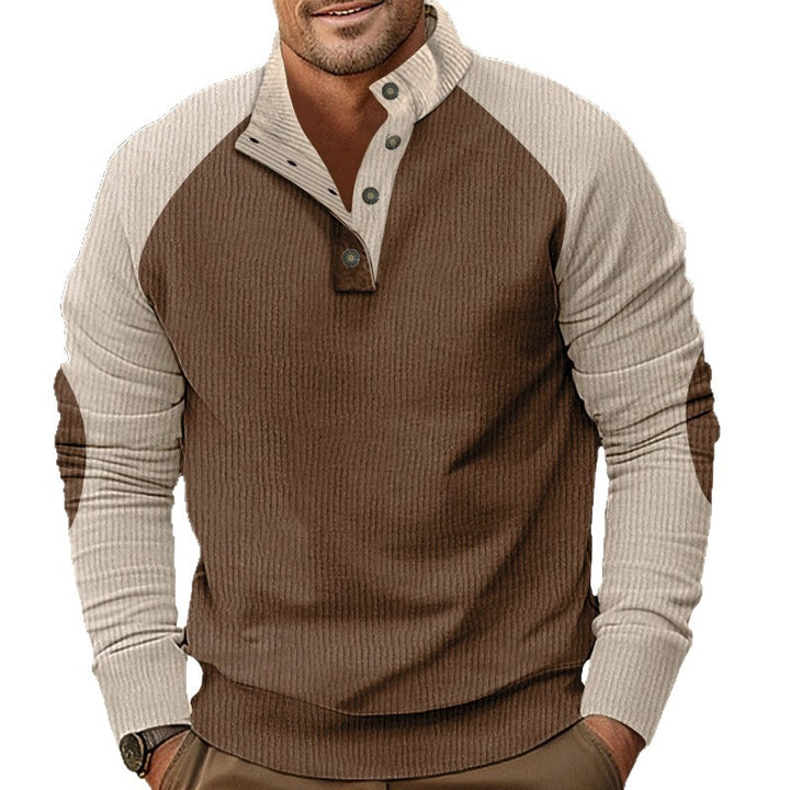 Herren Waffelstruktur-Henley-Pullover mit Stehkragen und Knopfleiste Drune