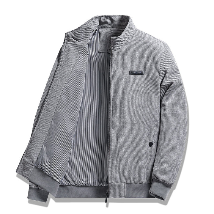 Herren nan feiner Cordblouson mit Stehkragen, gestreiftem Innenfutter und verdeckten Druckknopftaschen Drune