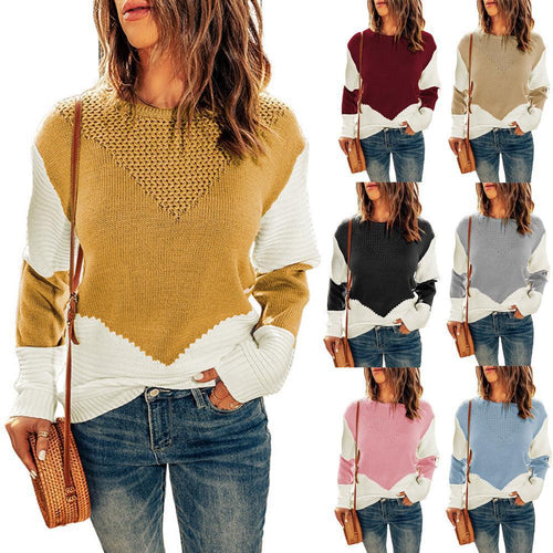 Damen Farbblock-Strickpullover mit strukturiertem Yoke und gerippten Ärmeln Drune