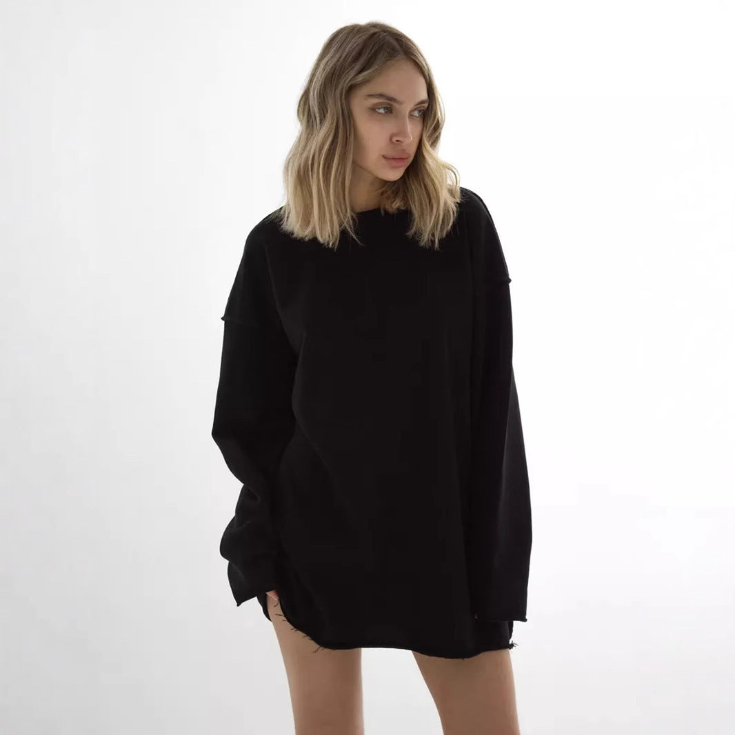 Damen oversized Sweatshirt mit ausgefranstem Saum und verlängerten Ärmeln Drune