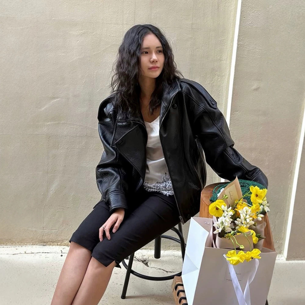 Damen Boxy-Lederimitat-Blouson mit strukturierter Narbung, doppelreihiger Knopfleiste & elastischem Saum Drune