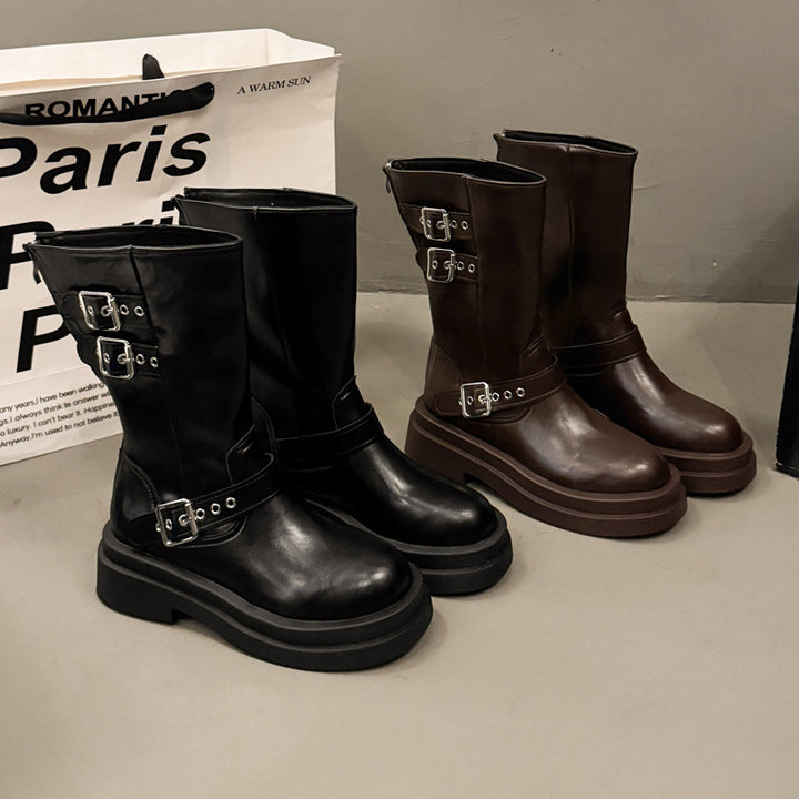 Damen Modische Overkneestiefel mit Schnallen- und Blockabsatz Drune