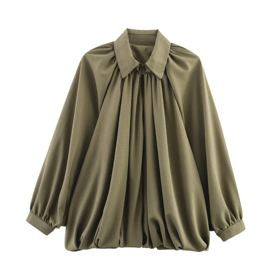 Damen nan oversize geraffte Bluse mit Ballonärmeln und Frontreißverschluss Drune