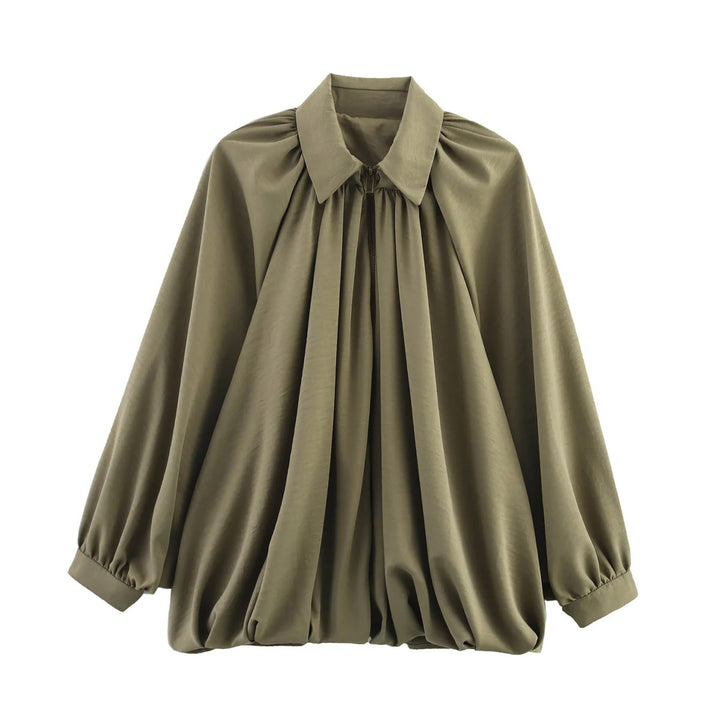 Damen nan oversize geraffte Bluse mit Ballonärmeln und Frontreißverschluss Drune