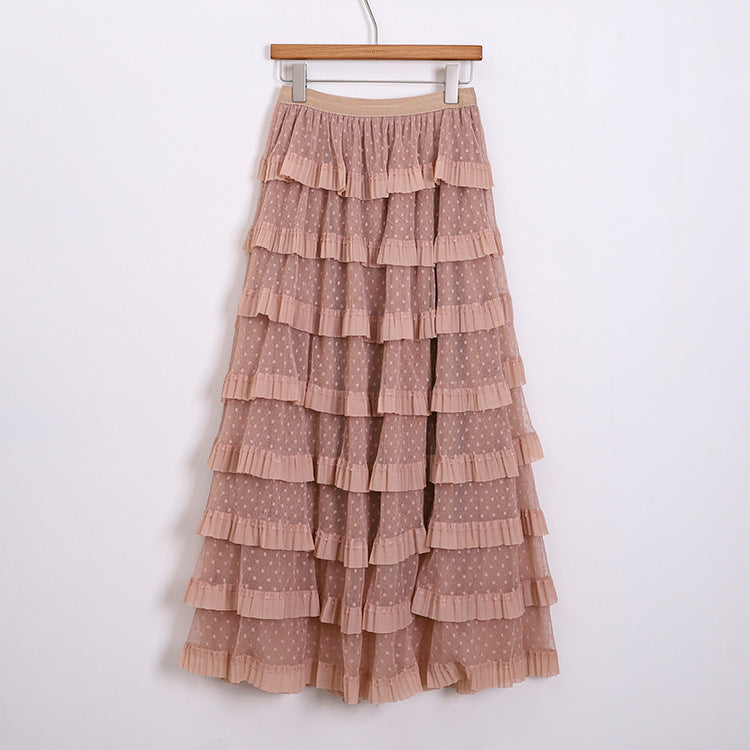 Damen nan mehrlagiger Midirock mit Punktchiffon-Volants und elastischem Komfortbund Drune