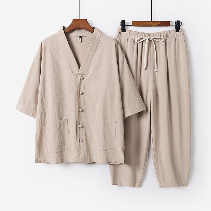 Unisex Leichtes Kimono-Lounge-Set aus Baumwoll-Leinen mit Kurzarmjacke und Kordelbund-Hose Drune