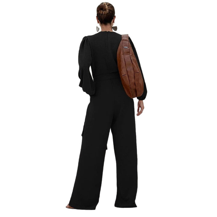 Damen Eleganter Palazzo-Jumpsuit mit tiefem V‑Ausschnitt, Bindegürtel und Ballonärmeln Drune