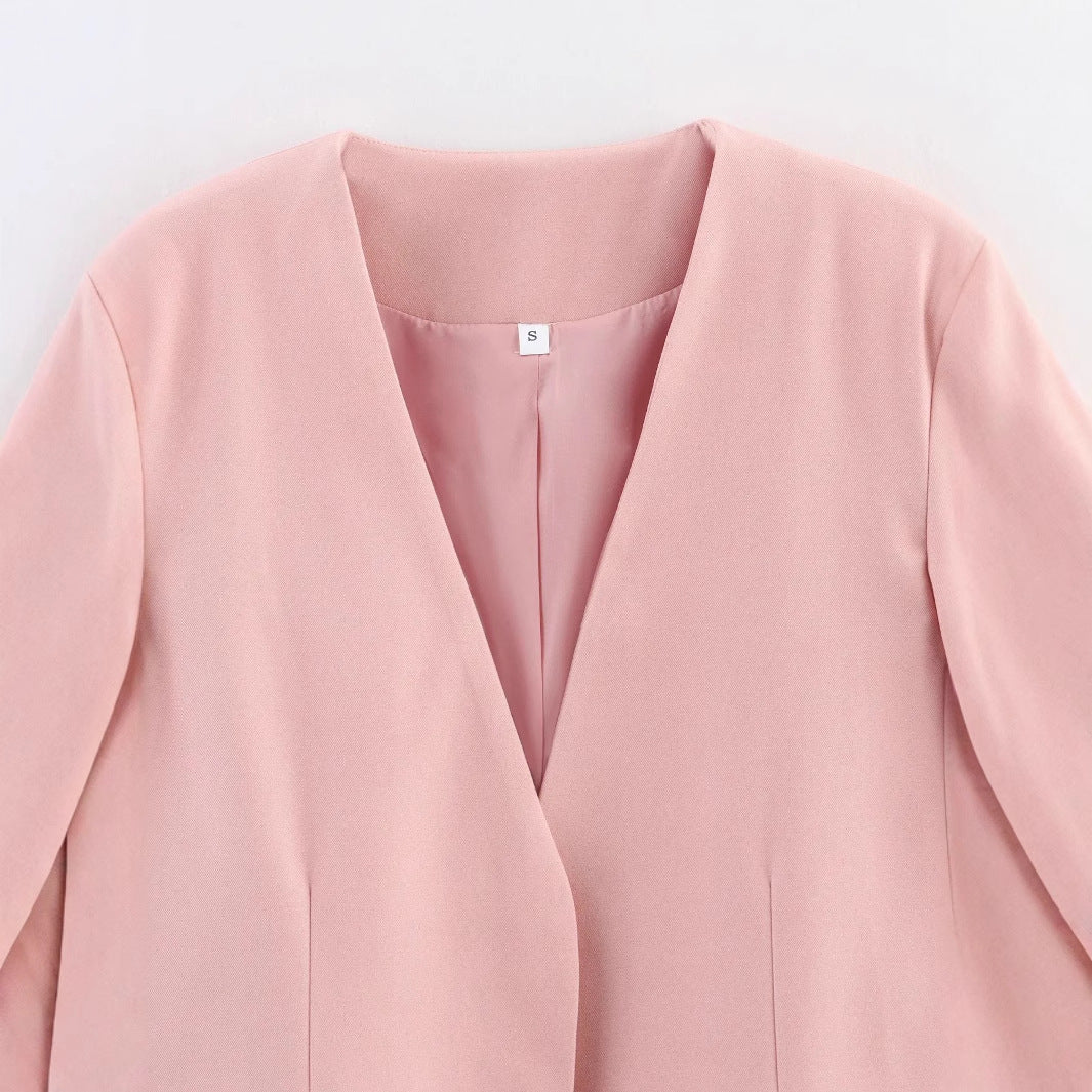 Damen nan knopflose Longblazerjacke mit tiefem V-Ausschnitt taillierten Abnähern und Pattentaschen Drune