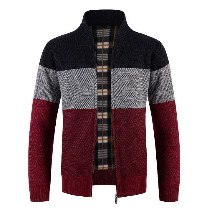 Herren Gestrickte Zip-Strickjacke mit Stehkragen und kariert gefütterter Innenlage Drune
