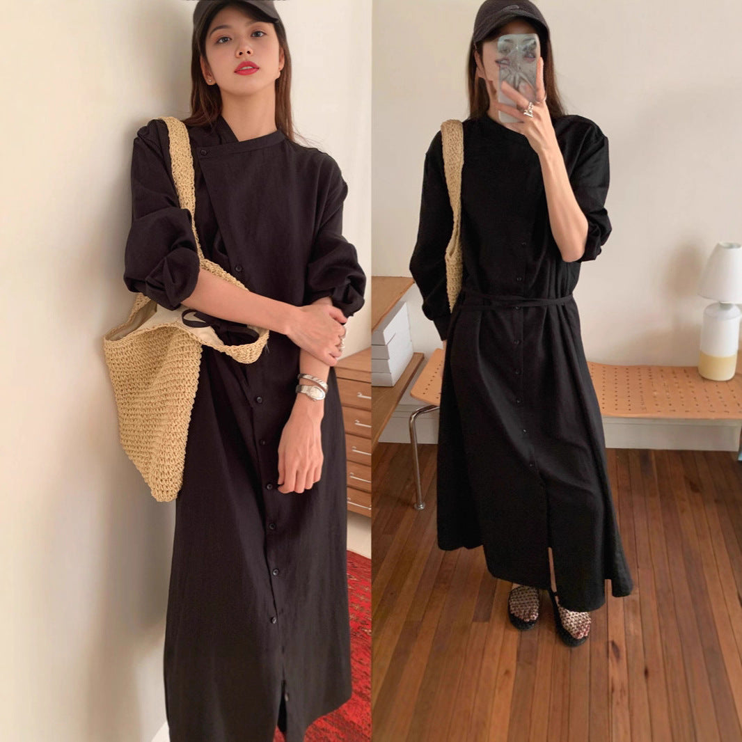 Damen Langes Shirtkleid mit V-Ausschnitt, durchgehender Knopfleiste und Taillengürtel Drune