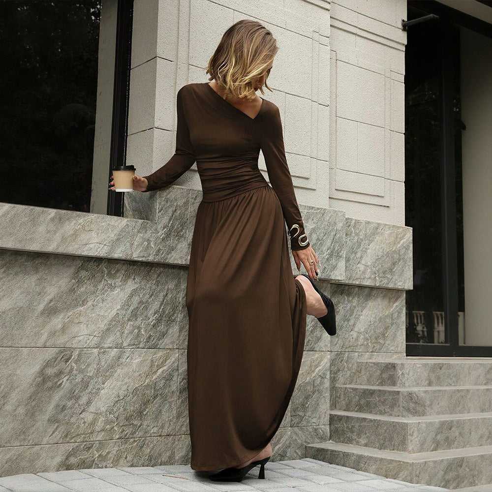 Damen asymmetrisches Maxikleid mit langem Ärmel und geraffter Taillenpartie Drune