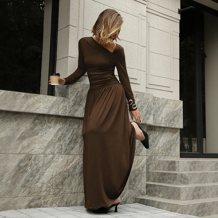 Damen asymmetrisches Maxikleid mit langem Ärmel und geraffter Taillenpartie Drune