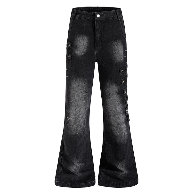 Damen Weite Jeanshose mit Used‑Effekt und seitlichen Zierknopfleisten Drune