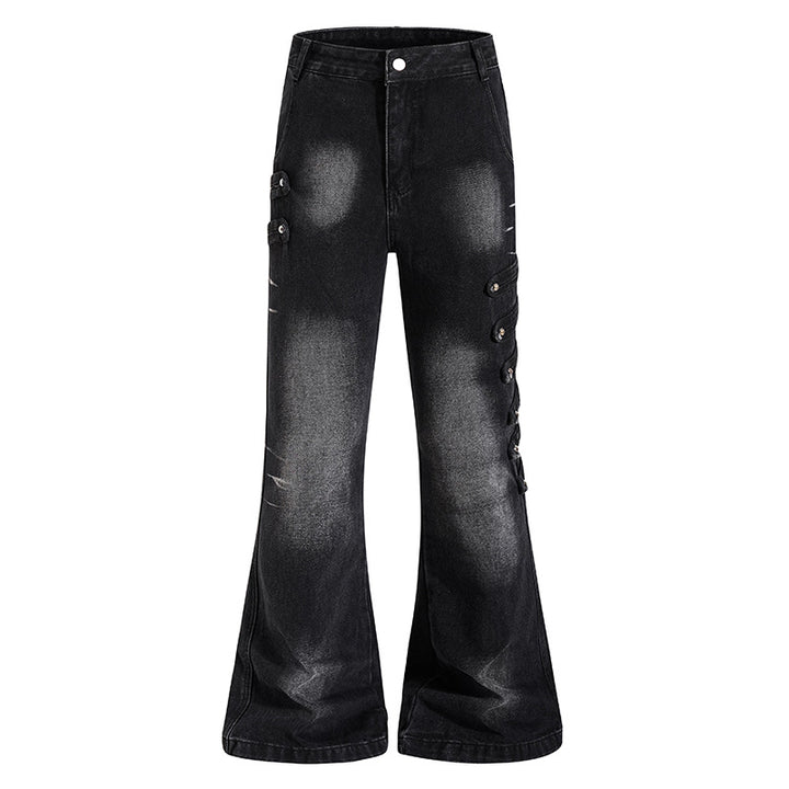 Damen Weite Jeanshose mit Used‑Effekt und seitlichen Zierknopfleisten Drune