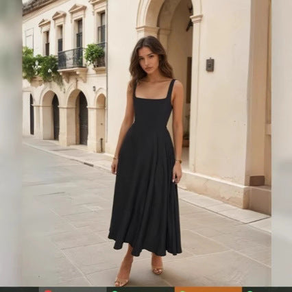Damen Maxikleid mit quadratischen Ausschnitten und fließendem Rock Drune