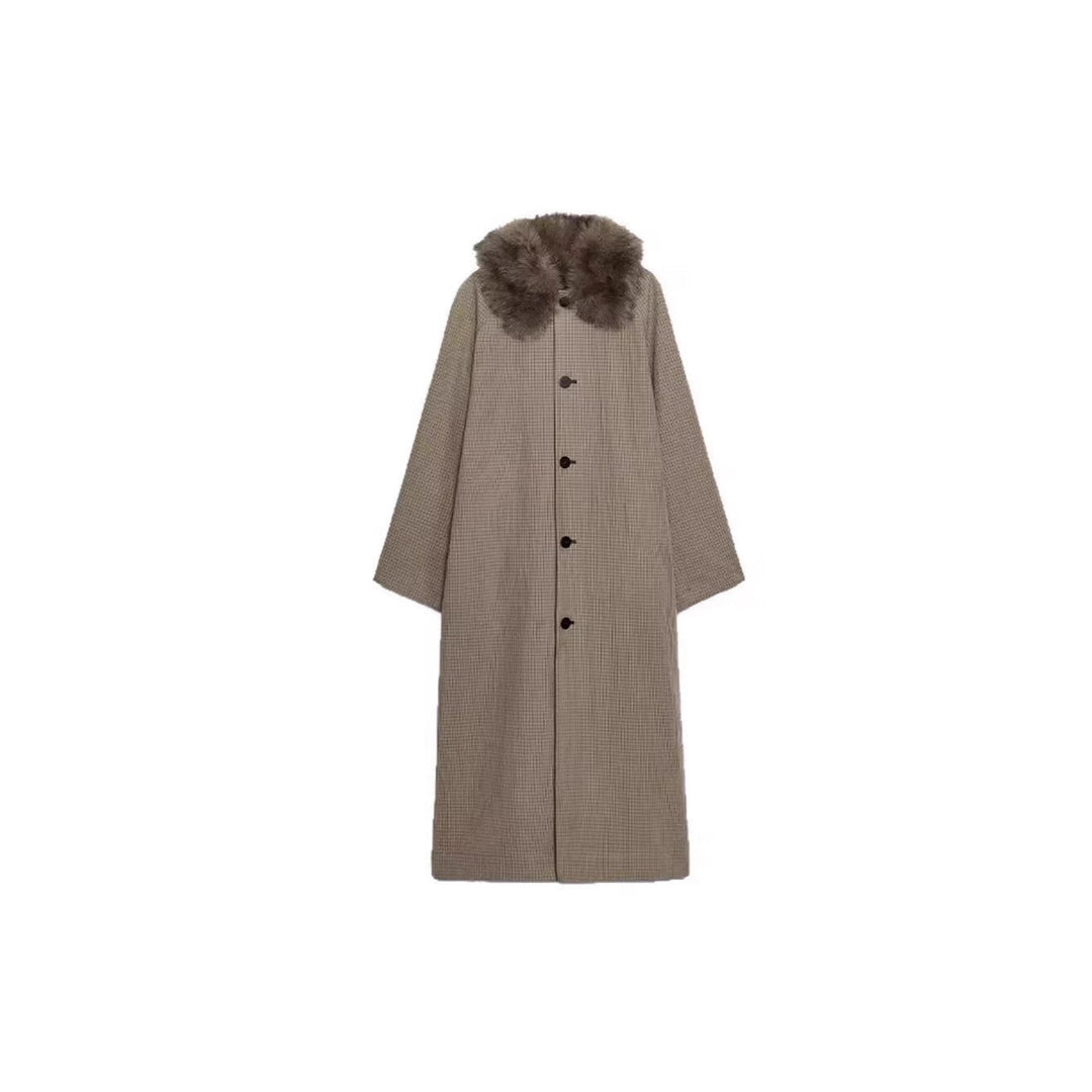 Damen langer Oversize Wollmantel mit abnehmbarem Kunstfellkragen und seitlichen Eingrifftaschen Drune