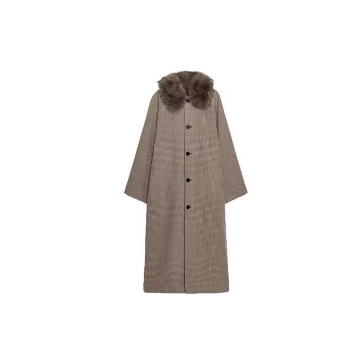 Damen langer Oversize Wollmantel mit abnehmbarem Kunstfellkragen und seitlichen Eingrifftaschen Drune