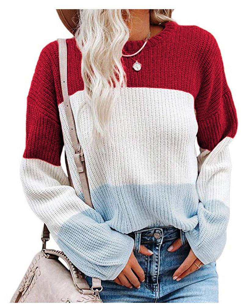 Damen Oversize Colorblock Strickpullover mit Ballonärmeln Drune