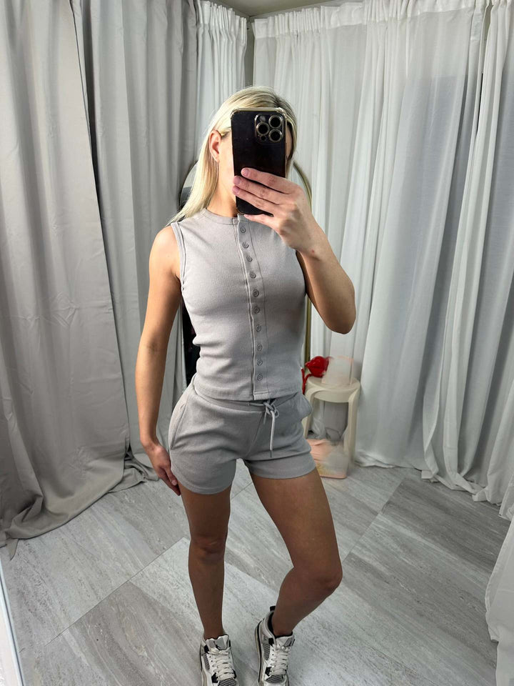 Damen lässiges Kurzoverall-Set mit Knopfverschluss und verstellbarem Taillenzug