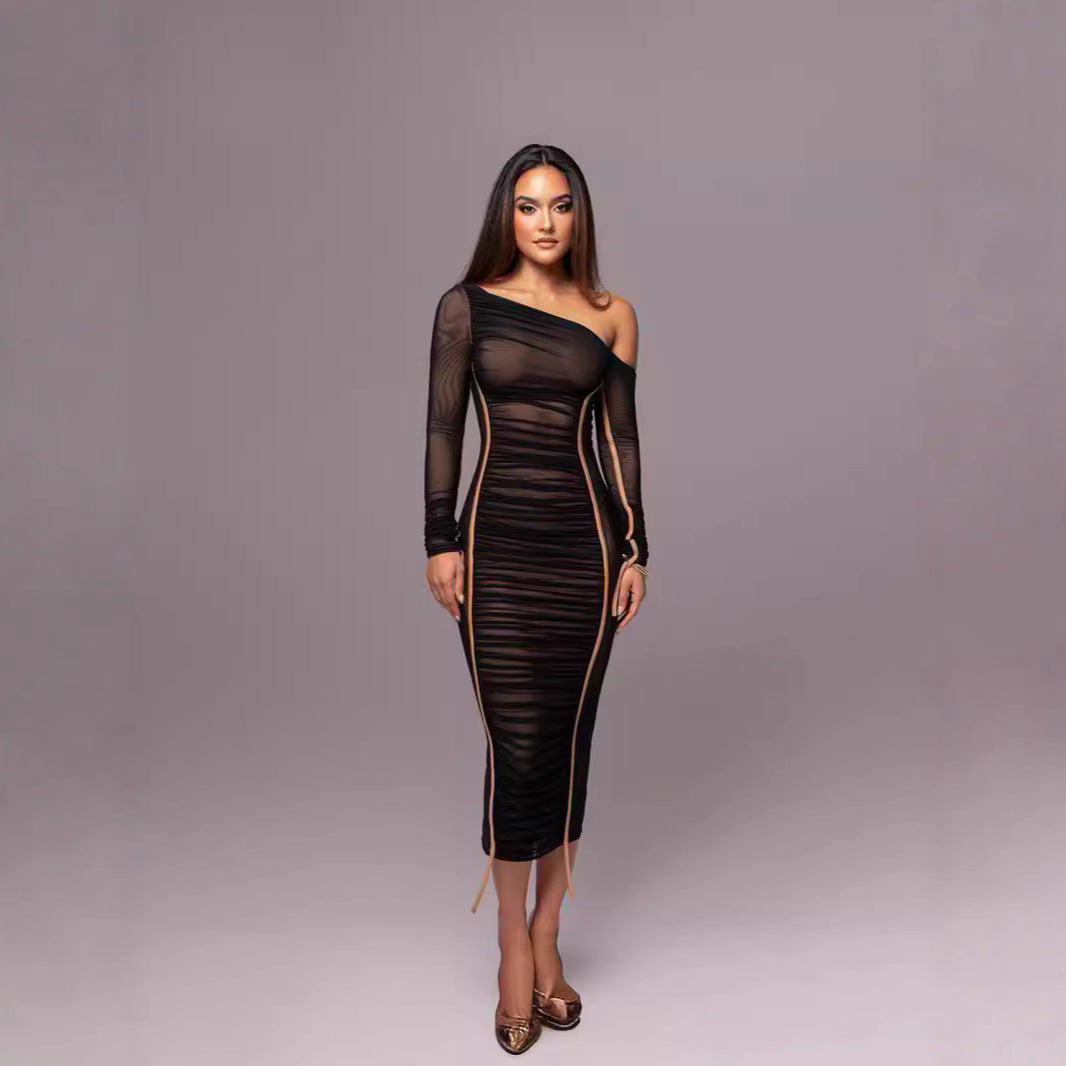 Damen Langarm-Midi-Kleid mit asymmetrischem Schnitt und romantischem Rüschendesign Drune