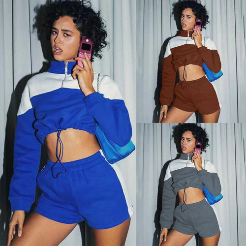 Damen Cropped Sportanzug mit hohem Kragen und Kordelzug Drune