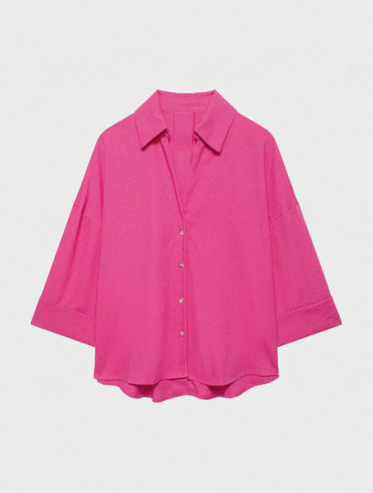 Damen Leichte Oversize Leinenoptik Bluse mit Dreiviertelärmeln und durchgehender Knopfleiste Drune