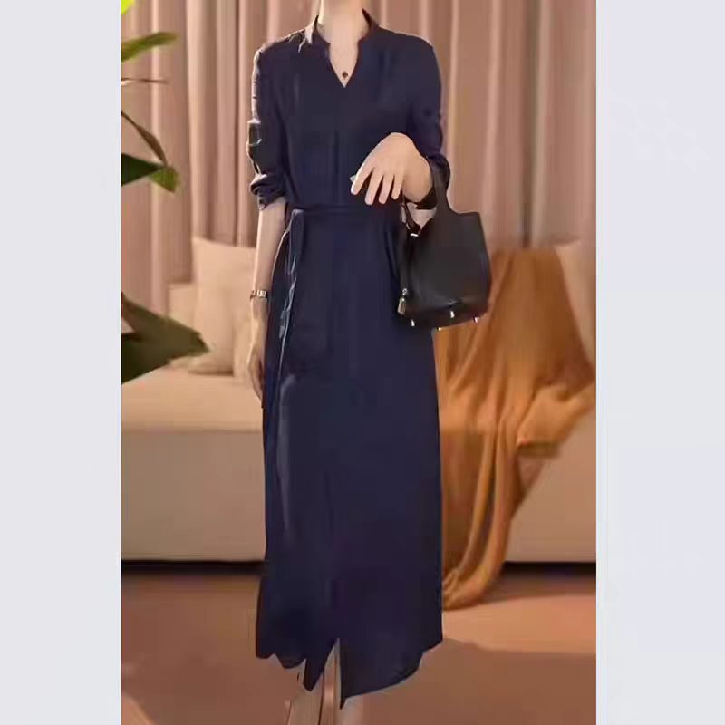 Damen Langes Hemdkleid mit Wickeloptik, Kordel-Taillengürtel und Beinschlitz Drune