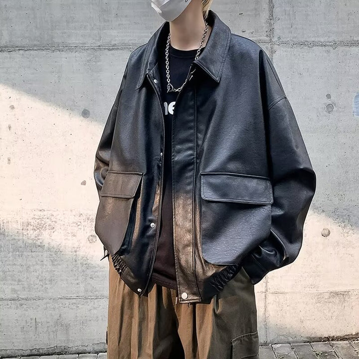 Herren Boxy Overshirt aus Lederoptik mit Hemdkragen und aufgesetzten Brusttaschen Drune