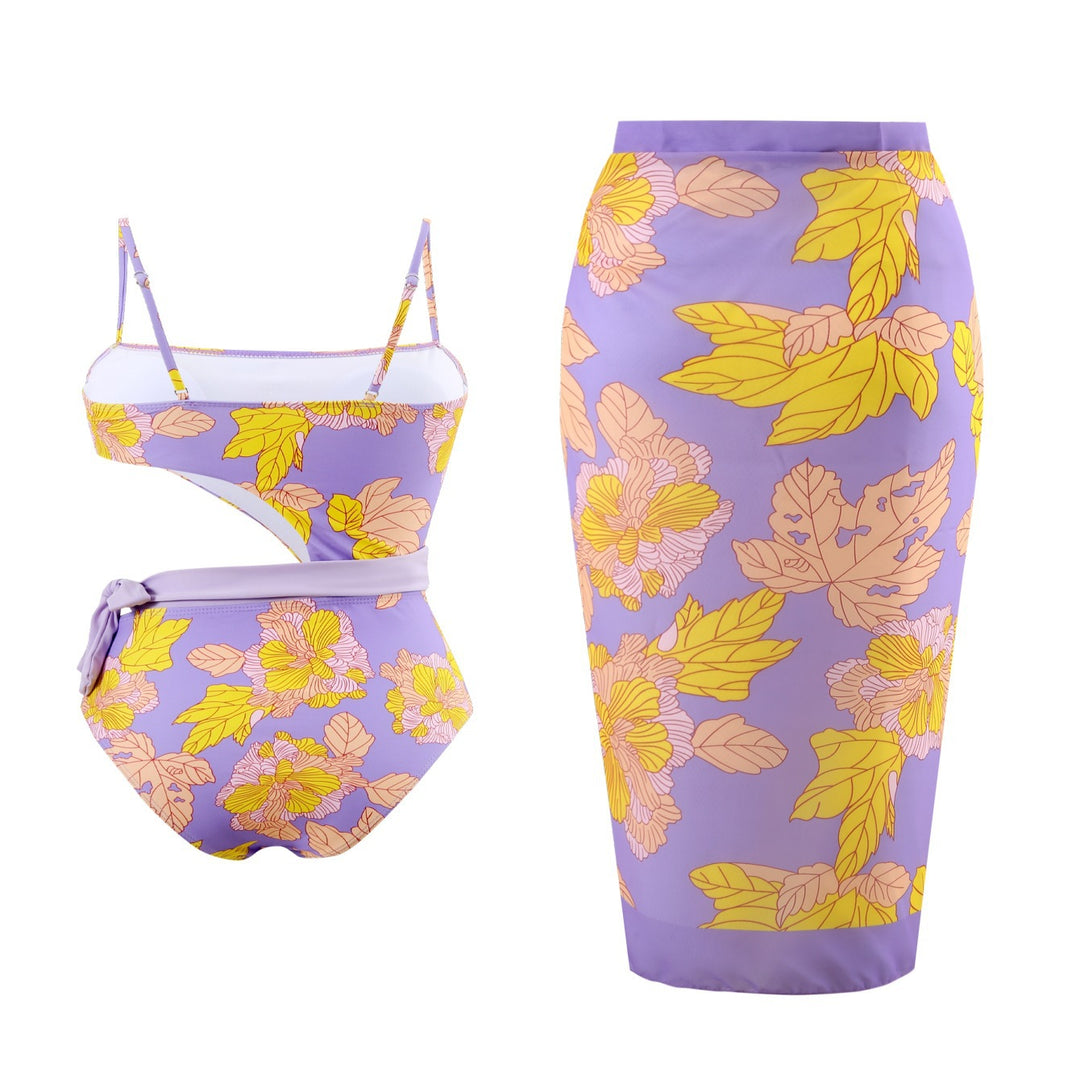 Damen Einteiler Badeanzug mit floralem Design und Wickelrock Drune
