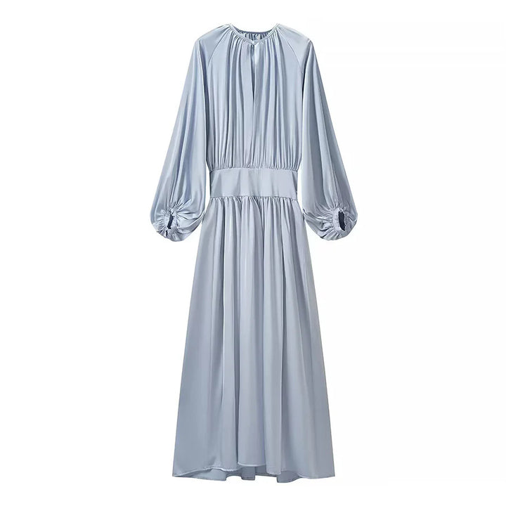 Damen nan fließendes Maxikleid mit gerafftem Oberteil, breitem Taillenbund und voluminösen Ballonärmeln Drune