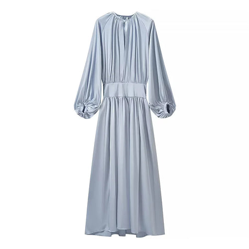 Damen nan fließendes Maxikleid mit gerafftem Oberteil, breitem Taillenbund und voluminösen Ballonärmeln Drune